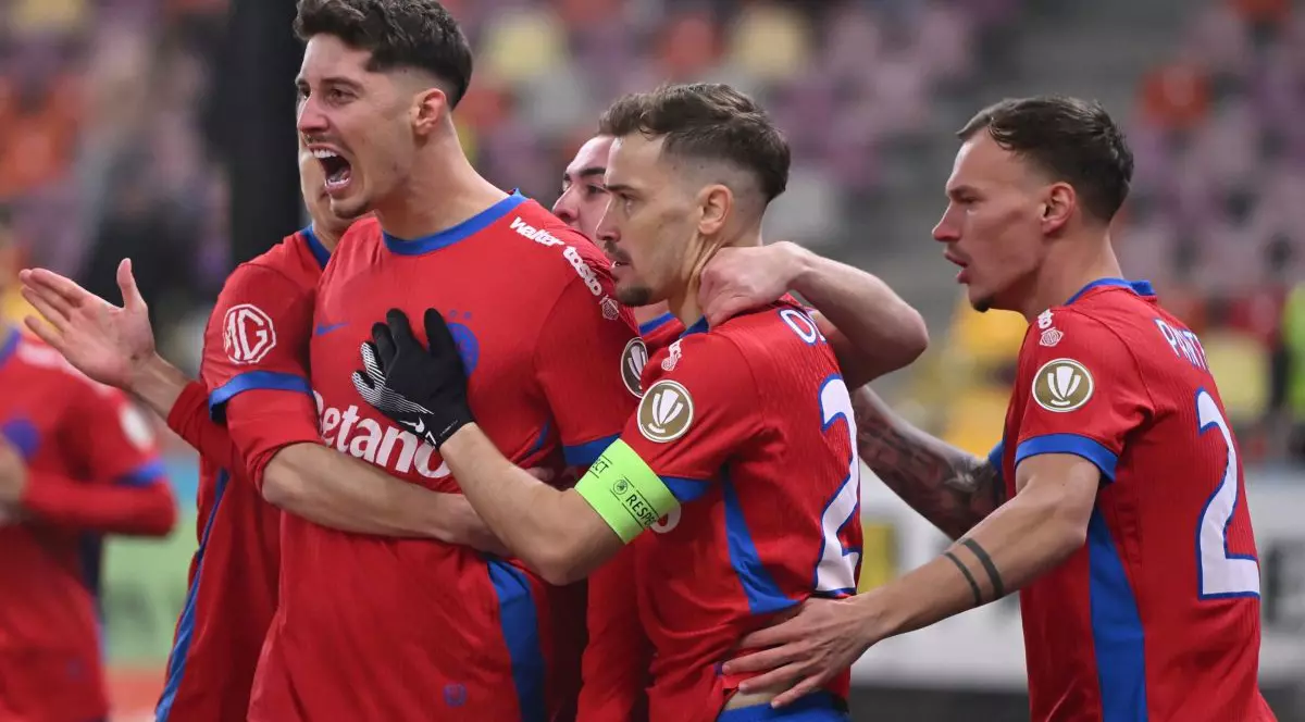 Bucurie a fotbalistilor ros-albastrii David Raul Miculescu, Mihai Vlăduț Toma, Darius Dumitru Olaru si Grigoraș Alexandru Pantea dupa un gol marcat in meciul de fotbal dintre FCSB si CFR Cluj, contand pentru Superliga Superbet, desfasurat pe Arena Nationala din Bucuresti, duminica 25 ianuarie 2026. © FOTO:Razvan Pasarica/SPORT PICTURES