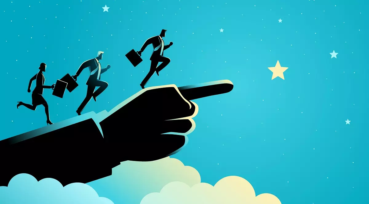 Ce înseamnă când visezi ordine - Imagine grafică reprezentând o mână întinsă şi persoane care aleargă pe ea in direacţia arătată, cu semnificaţia că respectă un ordin