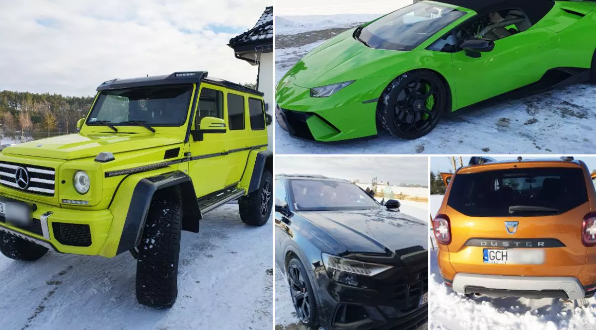Colaj din patru fotografii cu un Lamborghini Huracan, un Mercedes-Benz G500, un Audi SQ8 și o Dacia Duster.
