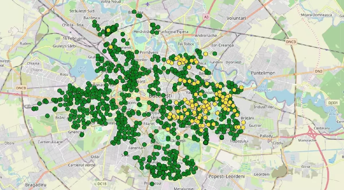 Harta Bucureștiului cu zone, reprezentate prin puncte galbene și verzi, care rămân fără căldură și apă caldă
