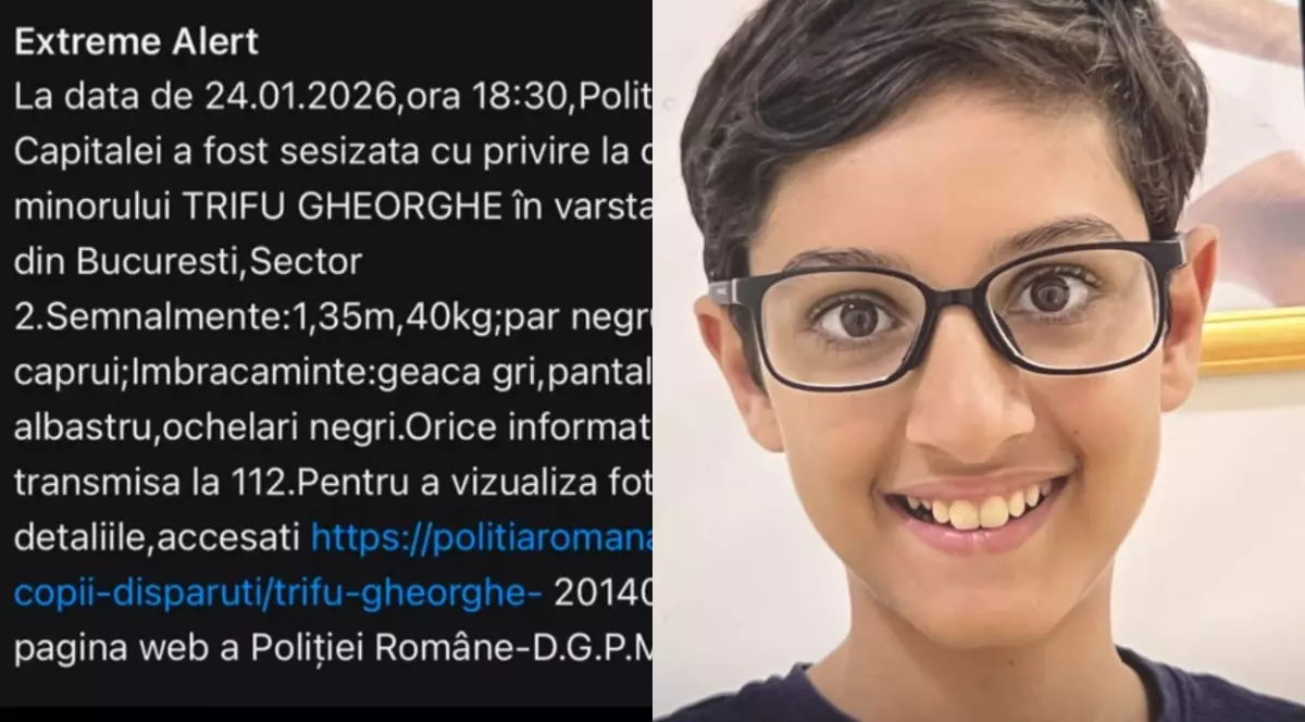 Un colaj format din 2 poze, în stânga este mesajul RO-Alert trimis de autorități, iar în dreapta este o fotografie cu un băiețel cu ochelari la ochi