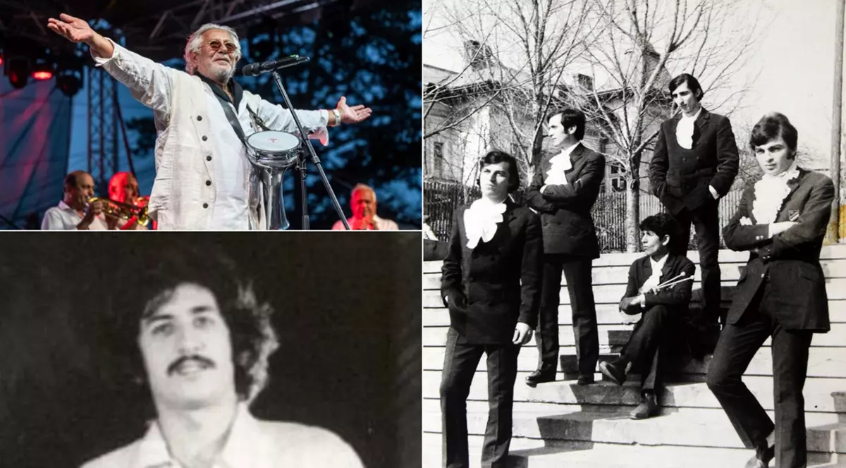 Un colaj cu doia poze alb negru si una color, reprezentand un artist pe scena