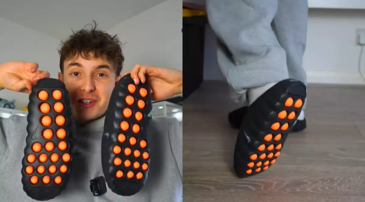 Un colaj din două fotografii ăn care apare un tânăr cu o pereche de papuci din cauciuc care au biluțe portocalii pe talpă