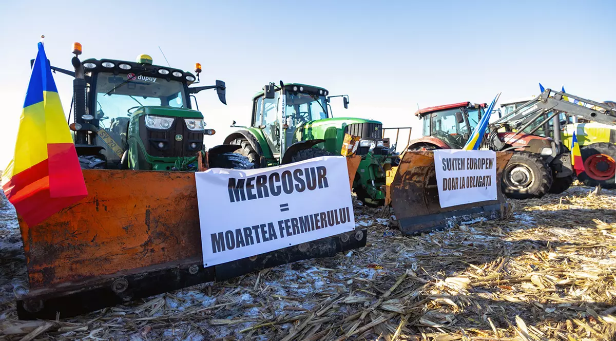 Fermieri protestează împotriva acordului dintre Uniunea Europeană și Mercosur, lângă municipiul Suceava, 20 ianuarie 2026