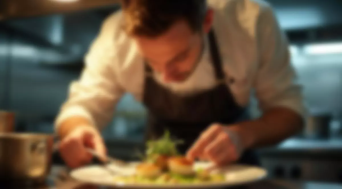 O imagine încețoșată a unui bucătar care prepară cu atenție un fel de mâncare fin cu ingrediente proaspete într-o bucătărie de lux a restaurantului