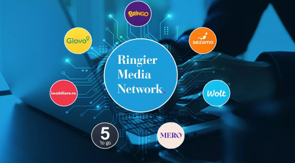 Logo-ul Retail Media Network creat de Ringier România, pe fundal negru și albastru și logo-urile Bringo, Glovo, Wolt, Sezamo, 5toGo, Mero și imobiliare.ro în bule