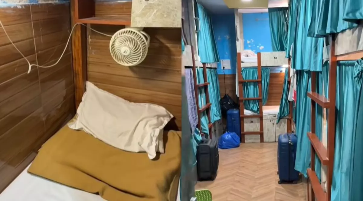 Un colaj cu două fotografii în care apare hotelul din India. În imaginea din stânga se vede un pt cu pătura maro și o pernă albă murdară, iar în imaginea din dreapta se văd mai multe paturi suprapuse cu perdele albastre