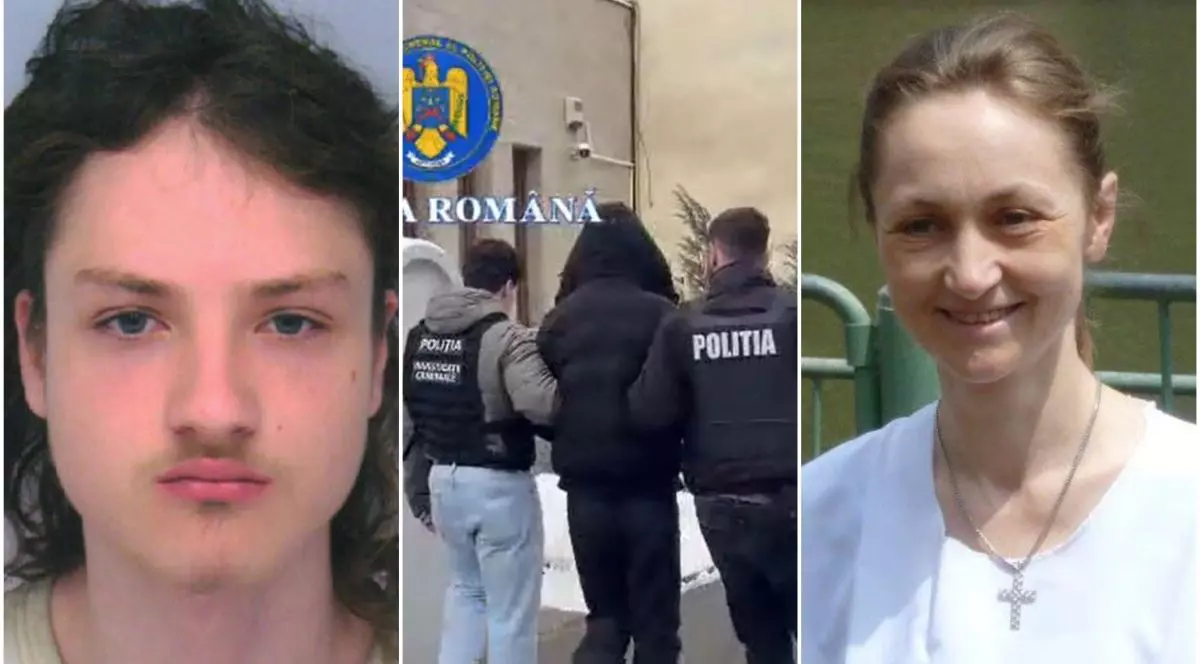 Un tânăr de 23 de ani suspectat că și-a omorât mama, în centrul imaginii este el cu spatele, prins de polițiști, iar în dreapta imaginii este mama lui