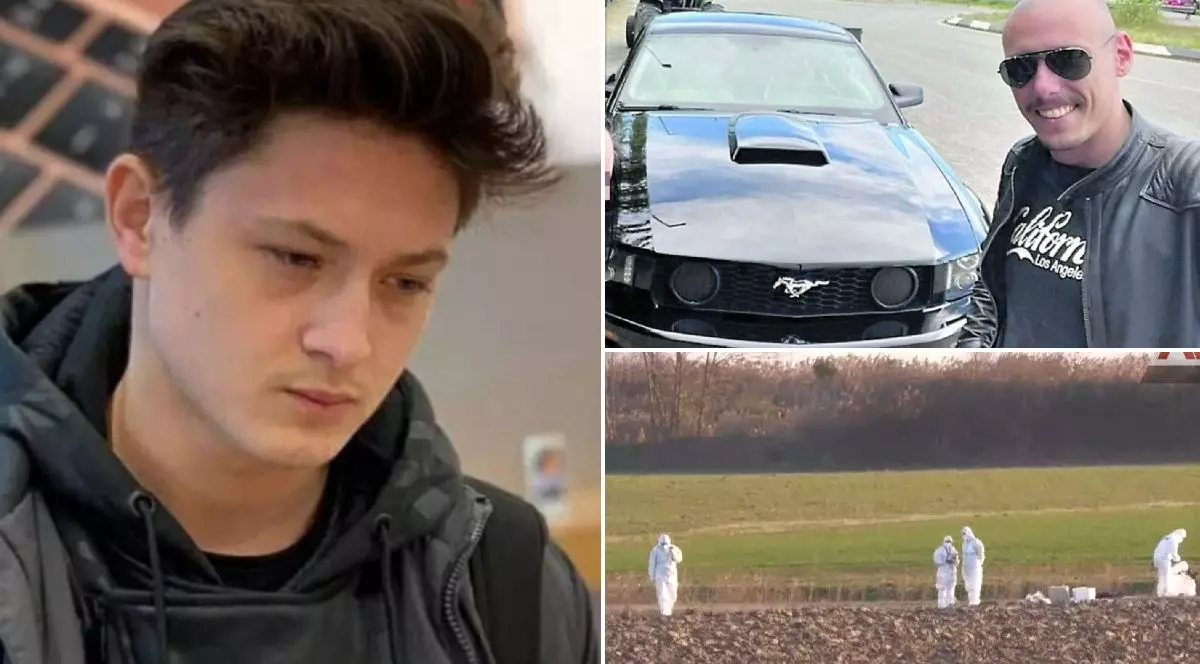 Un colaj din trei imagini: un tânăr cu părul negru dezordonat, un bărbat chel cu ochelari de soare și o mașină neagră; imaginea de jos arată un câmp cu persoane îmbrăcate în combinezoane albe.