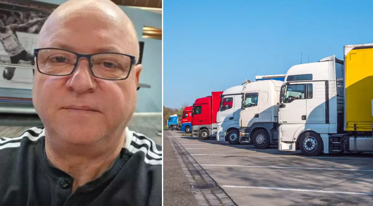 Colaj fin două fotografii: în stânga este un bărbat chel, cu ochelari și cămașă neagră, iar în drepata sunt mai multe camioane colorate parcate, într-o zi însorită.