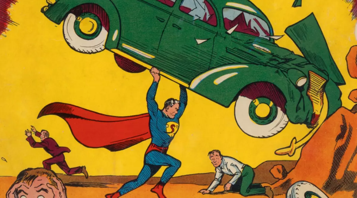 Coperta benzii desenate cu Superman, se vede cum supereroul ridică în două mâini o mașină pentru a salva un om