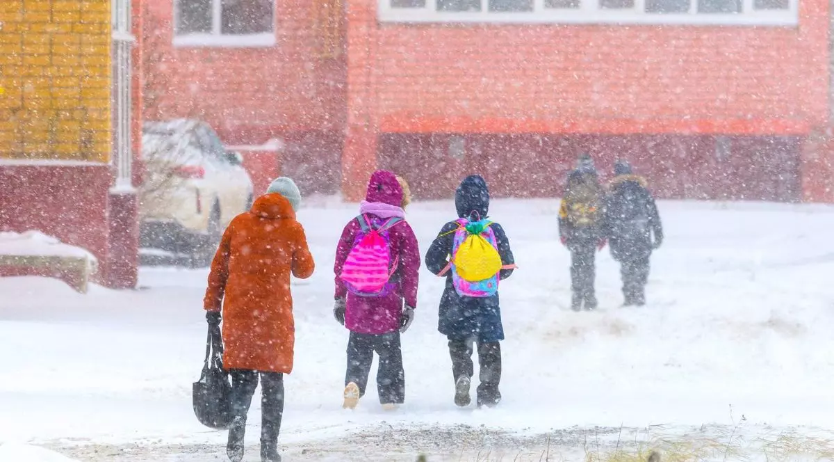 Elevi care merg la școală prin viscol