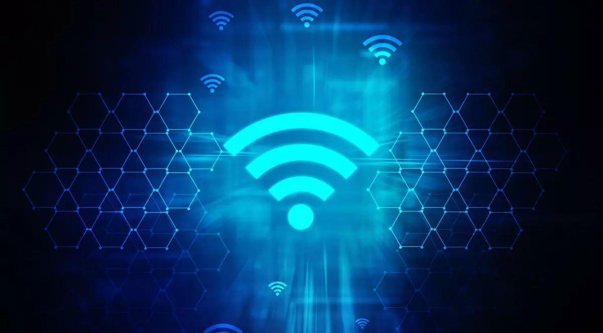 Logo-ul WiFi, pe culoare albastru electrizant, pe fundal negru