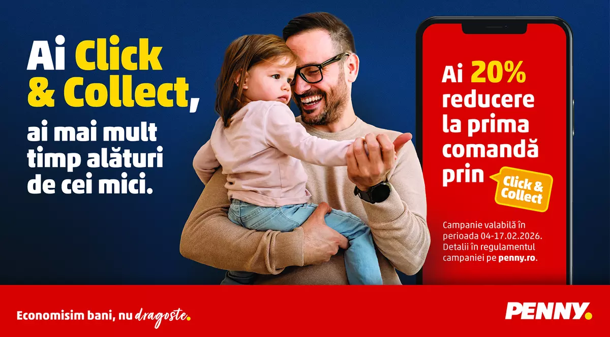 PENNY - Vizual cu un tata si fiica lui in brate avand in jurul lor scrie detalii despre serviciul Click&Collect