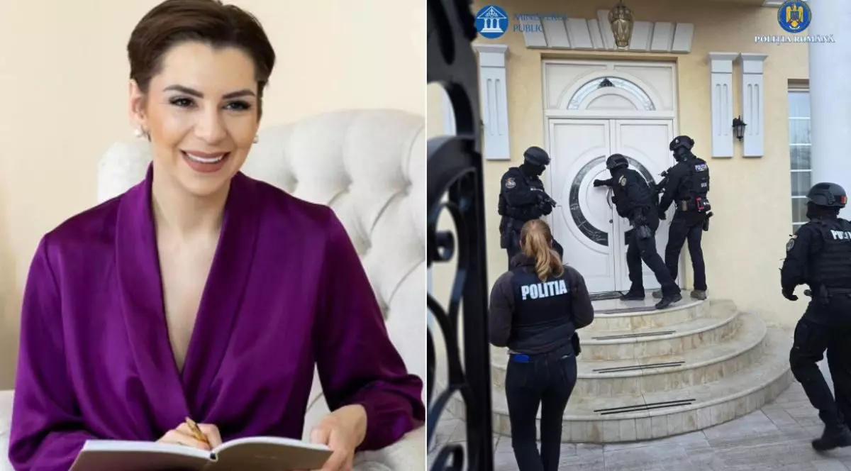 Colaj cu două fotografii, în stânga - Adriana Viliginschi, fosta iubită a lui Adrian Kreiner, îmbrăcată cu o rochie mov, în timp ce ține o carte în mână, iar în dreapta mai mulți luptători mascați ai Poliției care sparg ușa albă a unei case