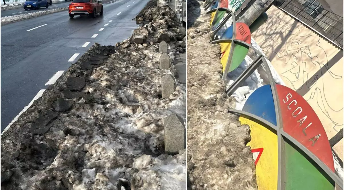 Zăpadă înnegrită strânsă în stația de autobuz și strat de zăpadă la gardul unei școli, în București, 20 februarie 2026