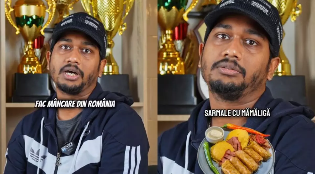 Un colaj cu două fotografii în care apare un srilankez care lucrează în România, bărbatul are hanorac albastru și șapcă în cap