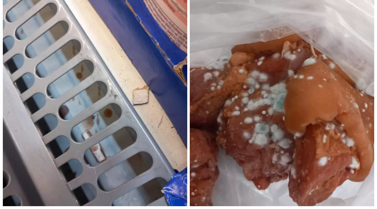 Echipamente uzate în partea stângă și carne mucegăită în partea dreaptă.