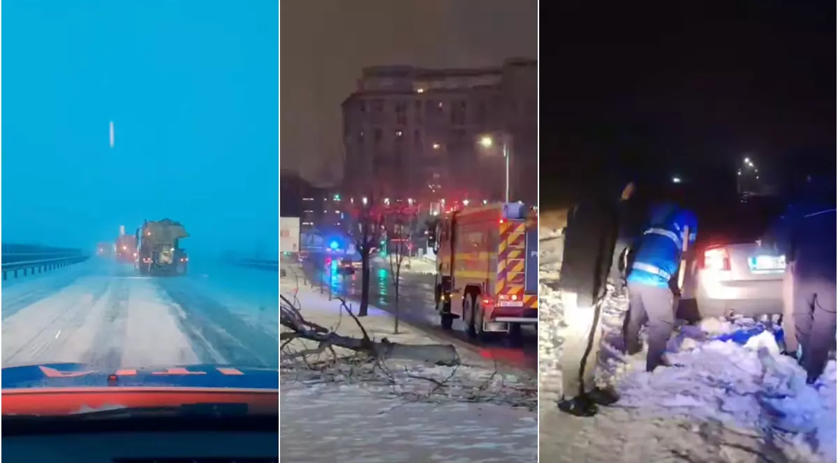 Trei imagini cu ninsoare pe mai multe șosele din țară. În imaginea din mijloc este un copac căzut și o mașină de pompieri, iar în imaginea din dreapta, mai multi oameni care încearcă să scoată o mașină din zăpadă.