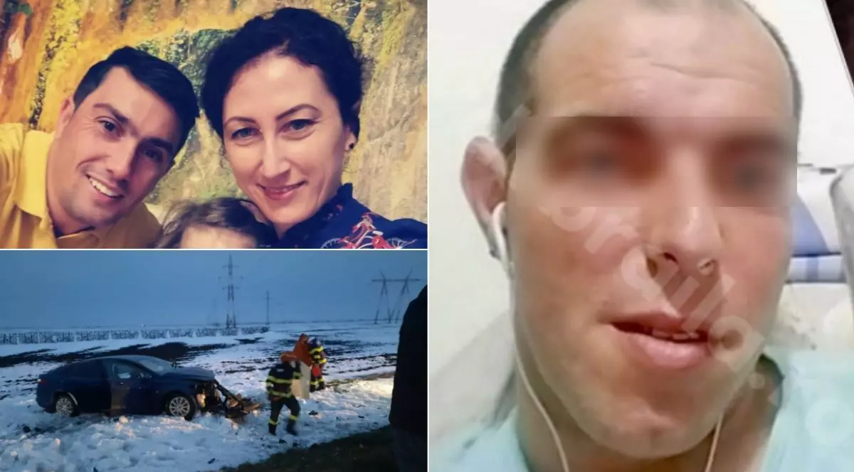 Colaj din trei fotografii cu soții uciși în accidentul din Brăila în partea stânga-sus, cu mașina lovită în stânga-jos și șoferul vinovat, cu bandă blurată pe față, în dreapta
