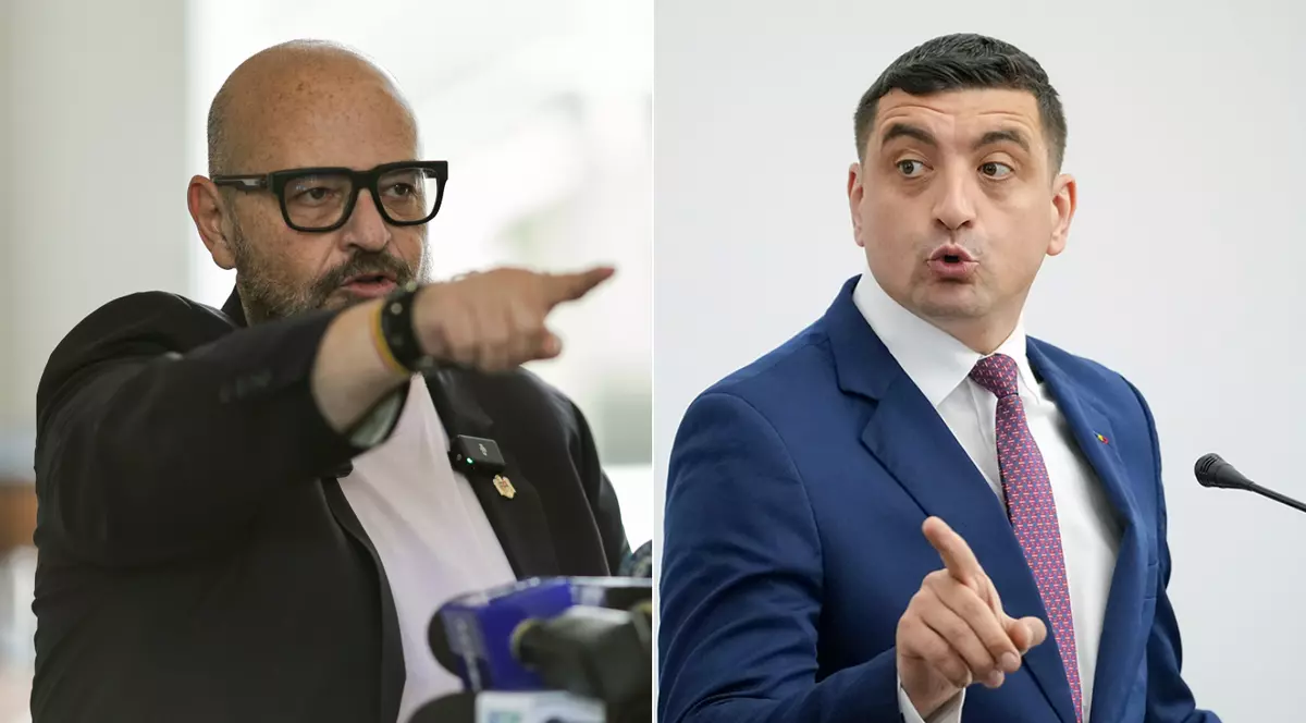 Colaj cu Cristian Popescu Piedone aflat la o conferinta de presa, aratand cu degetul, si George Simion foarte nervos