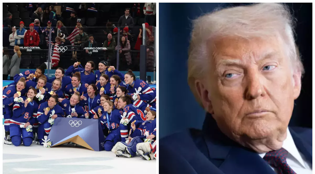 Echipa feminină de hochei pe gheață a SUA în partea stângă și Donald Trump într-un costum negru și cămașă albă, care stă serios, în partea dreaptă.
