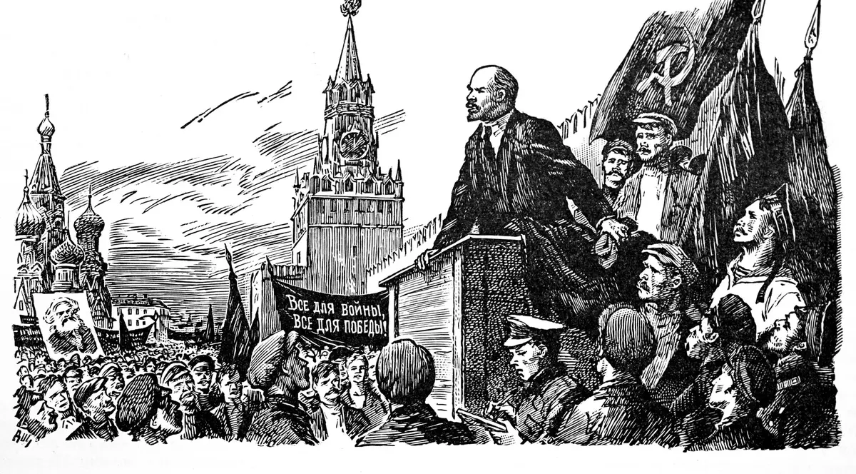 Ilustrație care îl prezintă pe Lenin adresându-se unei mulțimi în timpul Războiului Civil din 1920