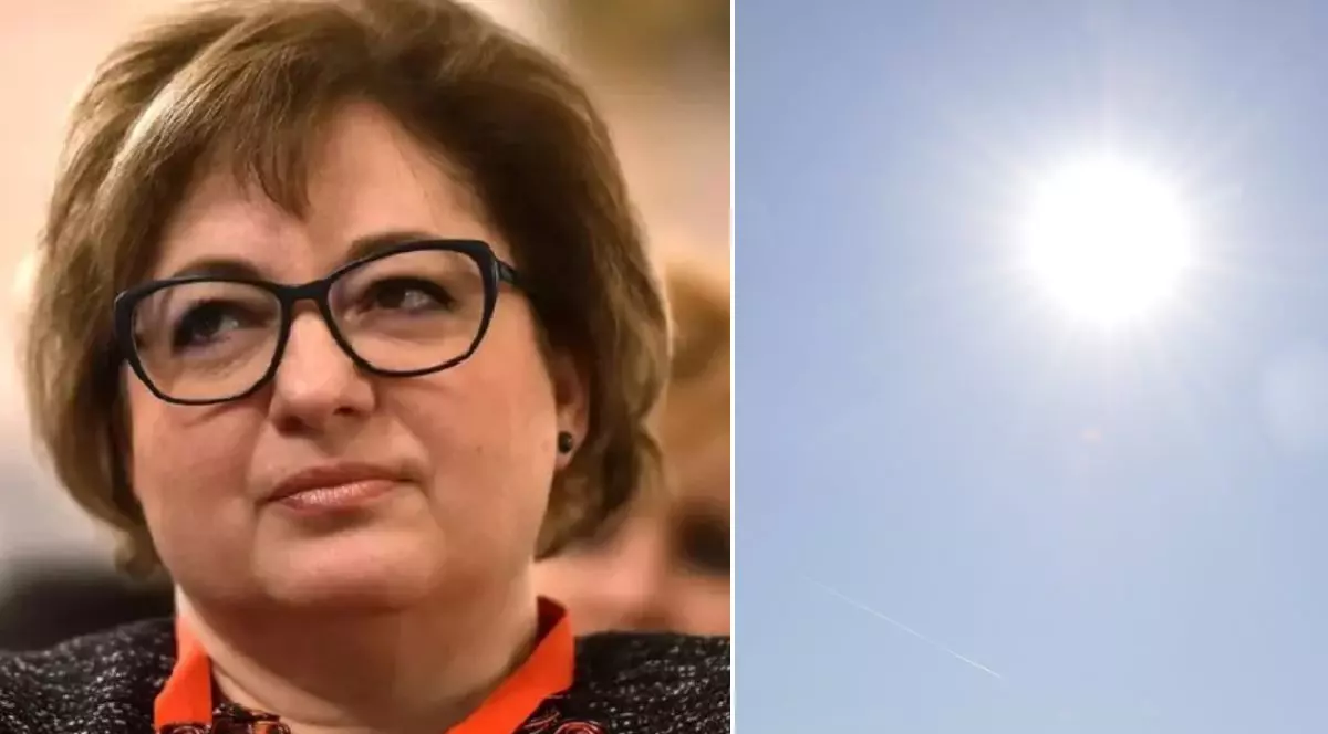 Colaj din două fotografii: în stânga, prim-plan cu Florinela Georgescu, cu părul scurt, de culoare castaniu deschis, care poartă ochelari și un pulover închis la culoare, cu o eșarfă roșie. În dreapta, se află un cer albastru limpede, cu un soare strălucitor.