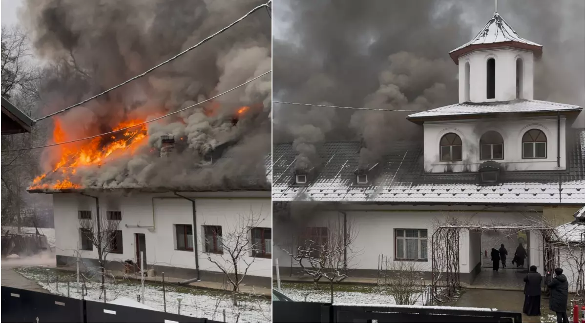 Imaginea surprinde o mănăstire acoperită de zăpadă, din care se ridică un nor dens de fum, semn al unui incendiu izbucnit în interiorul complexului. În fundal se văd copaci înghețați și dealuri împădurite, iar poarta de la intrare este închisă, sugerând un cadru liniștit contrastat de gravitatea situației.