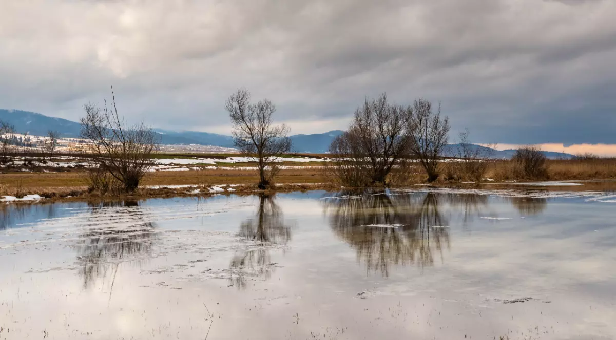 Un râu din România care și-a ieșit din matcă și a inundat o zonă de câmpie, în timp ce la mal se văd zone acoperite de zăpadă