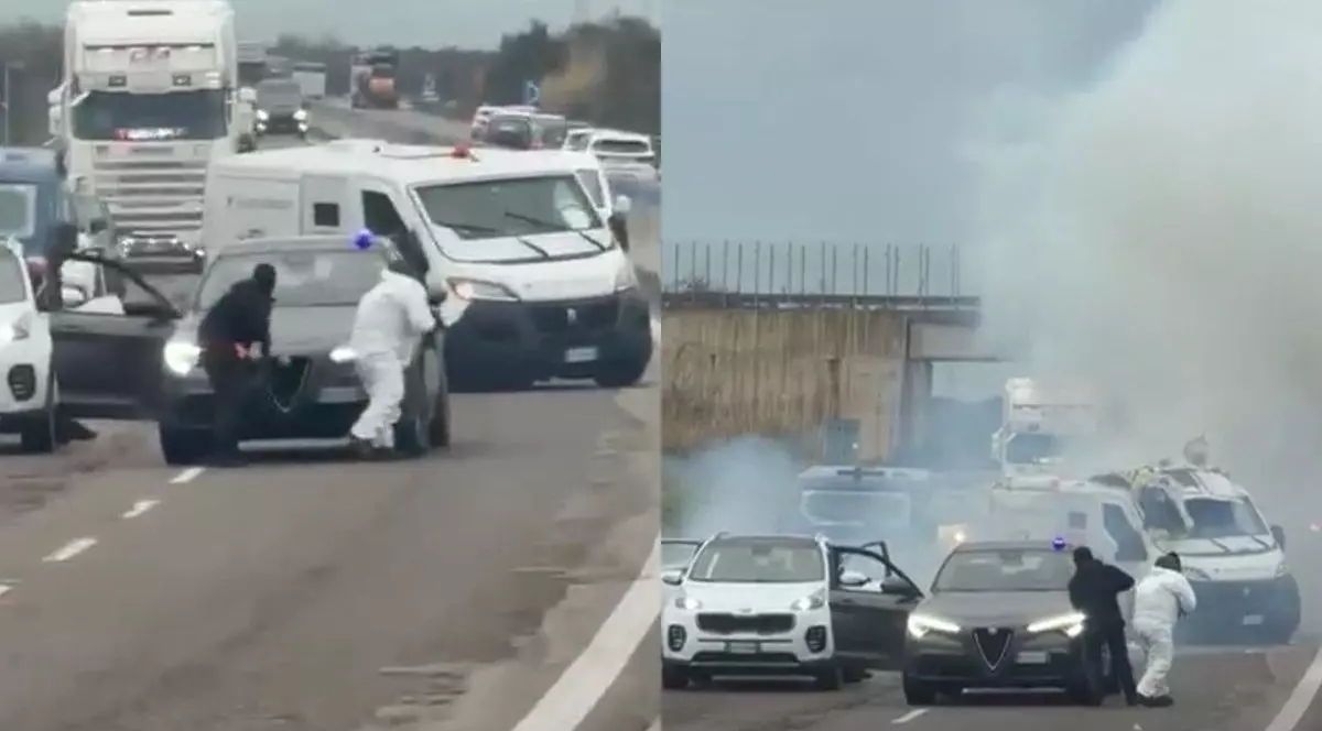 Jaf cu un comando înarmat pe o autostradă dn Italia.
