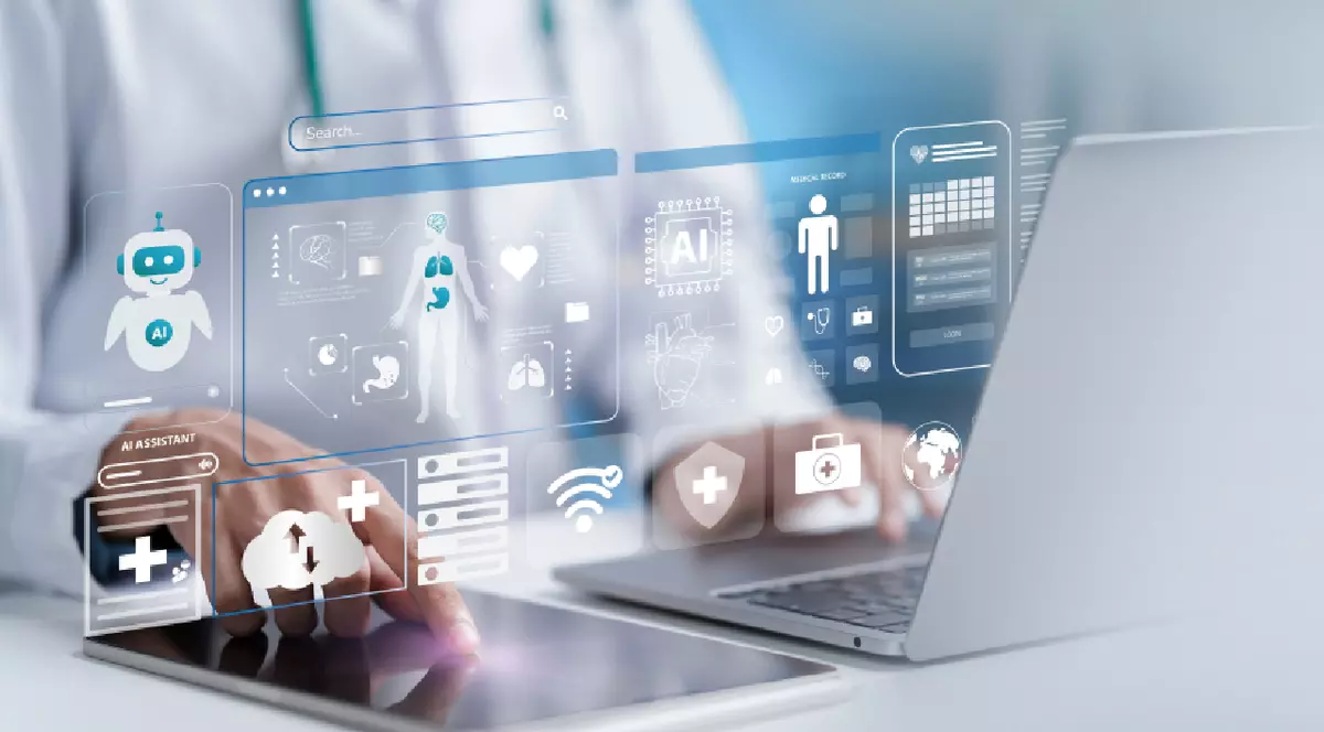 Un bărbat ămbrăcat în halat alb foloseste un laptop și o tabletă, cu inteligență artificială, pentru a pune un diagnostic