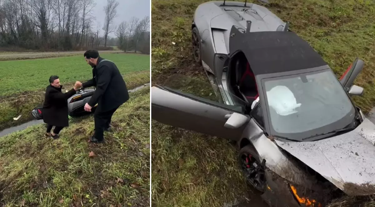 Colaj din două fotografii. În stânga, un bărbat îmbrăcat într-o haină neagră ajută un alt bărbat să iasă dintr-un șanț. În dreapta, o mașină argintie avariată, după un accident.
