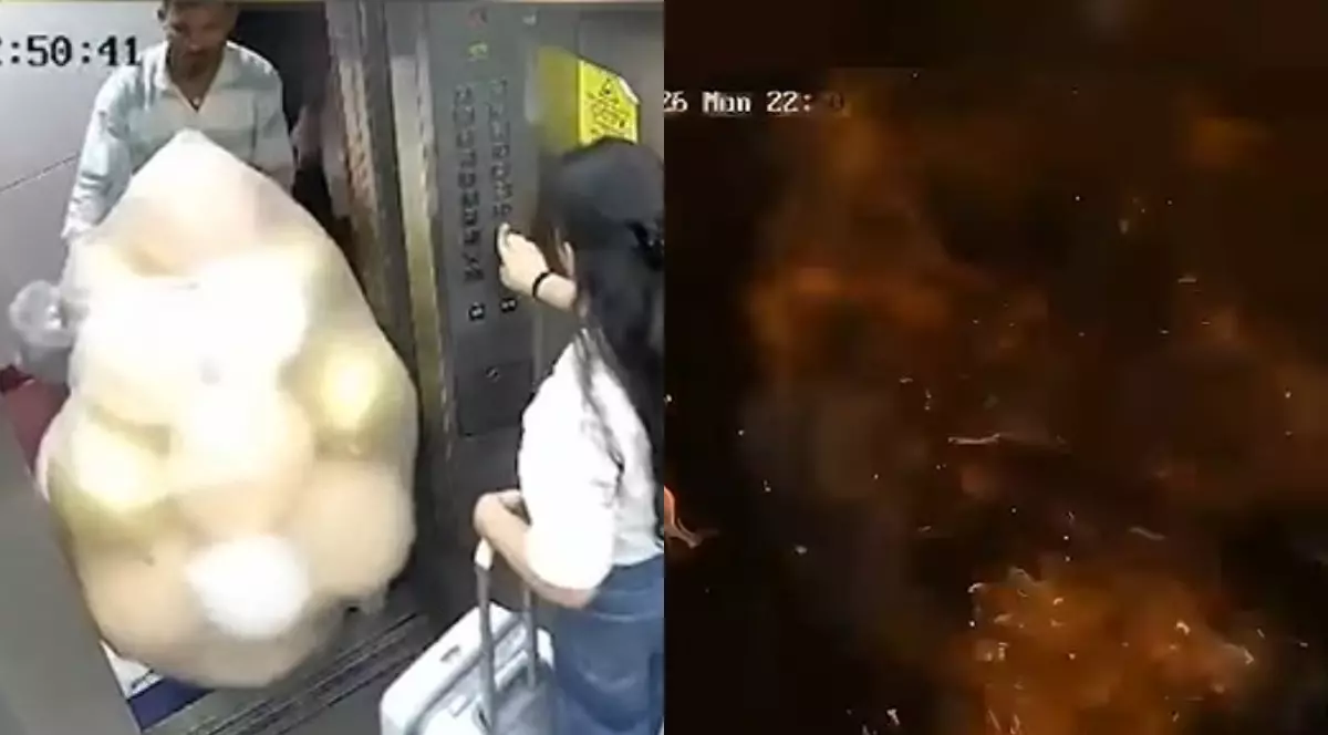 Un colaj format din două fotografii. În imaginea din dreapta se văd două persoane care pun un sac cu baloane cu hidrogen într-un lift, iar în imaginea din dreapta se vede un nor de fum, înconjurat de scântei