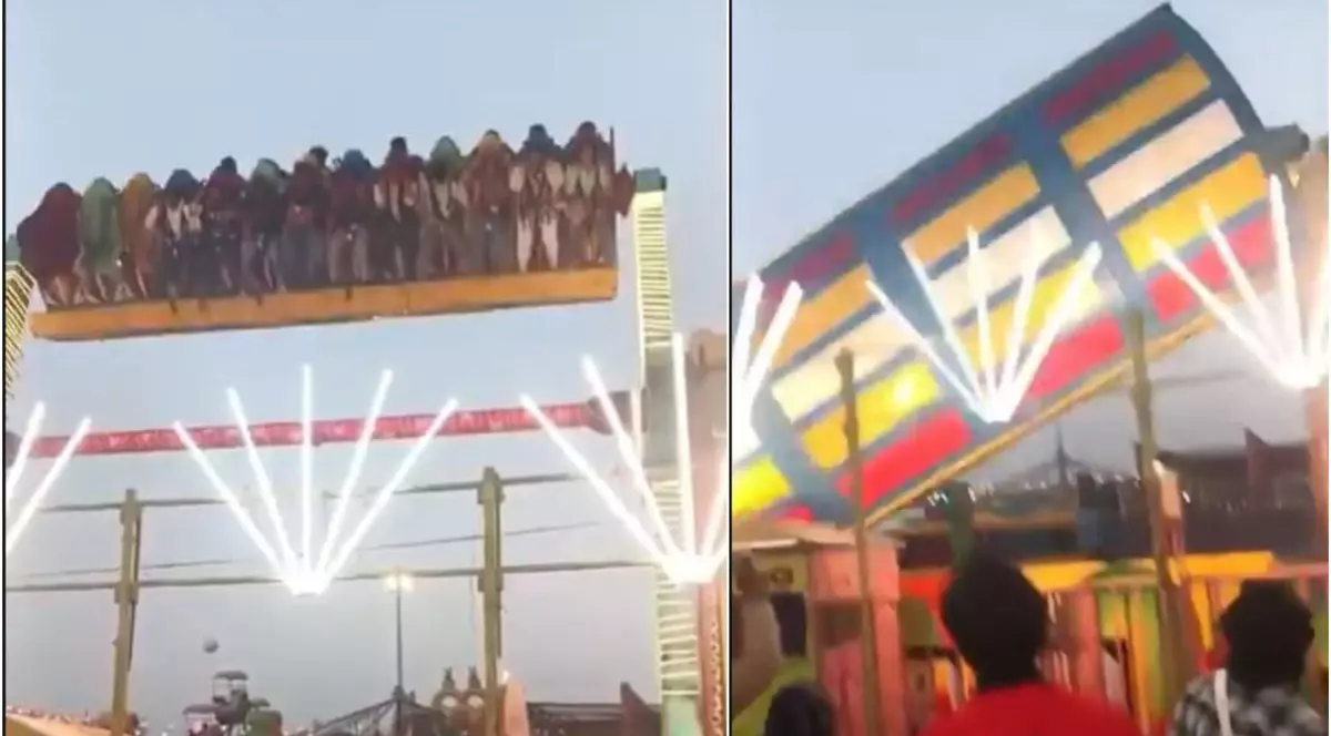 În imaginea din stâng, mai mulți oameni sunt într-un carusel de tip Tsunami, iar în cea de-a doua, un braț al instalației de distracție se înclină și cade, iar spectatorii se uită îngroziți, în India, 7 februarie 2026