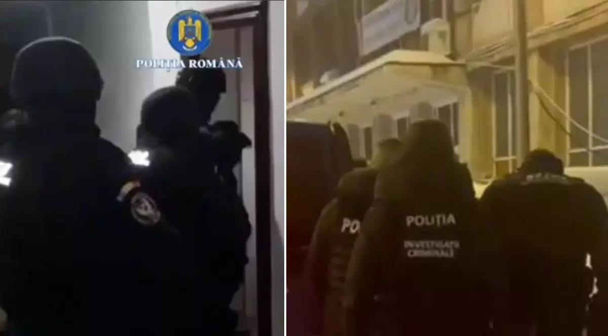 imagine este compusă din două cadre distincte care surprind acțiuni desfășurate în condiții de lumină scăzută sau pe timp de noapte. În partea stângă, mai multe persoane echipate în uniforme tactice de culoare închisă sunt prezentate din spate, stând în fața unei uși deschise; deasupra acestora, pe perete, este vizibilă o emblemă circulară albastră cu galben și textul „POLIȚIA ROMÂNĂ”. În partea dreaptă, alte persoane purtând haine groase, de culoare închisă, pe spatele cărora scrie cu litere albe „POLIȚIA” și „INVESTIGAȚII CRIMINALE”, merg pe o stradă luminată difuz spre o clădire aflată în plan secund