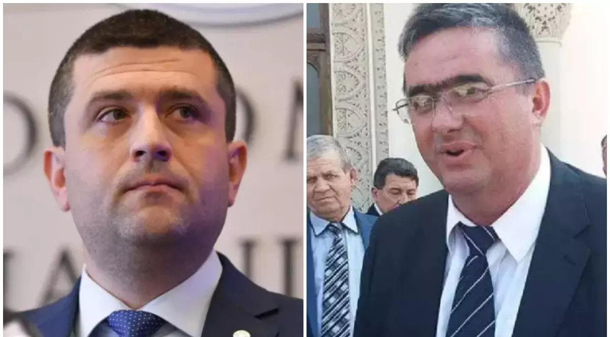 Radu Miruță în costum albastru închis și cămașă albă (stânga) și Salvador Caragea în costum negru și cămașă albă (dreapta)