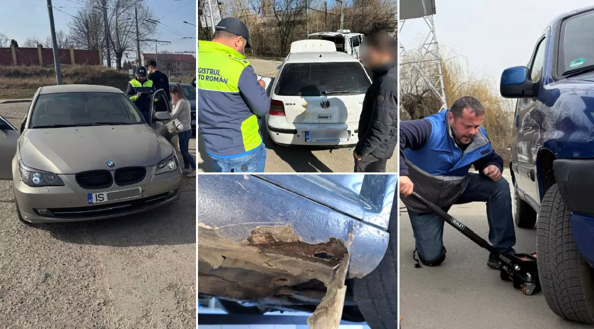 Colaj din șase fotografii ilustrează momente din timpul unor controale ale inspectorilor Registrului Auto Român.