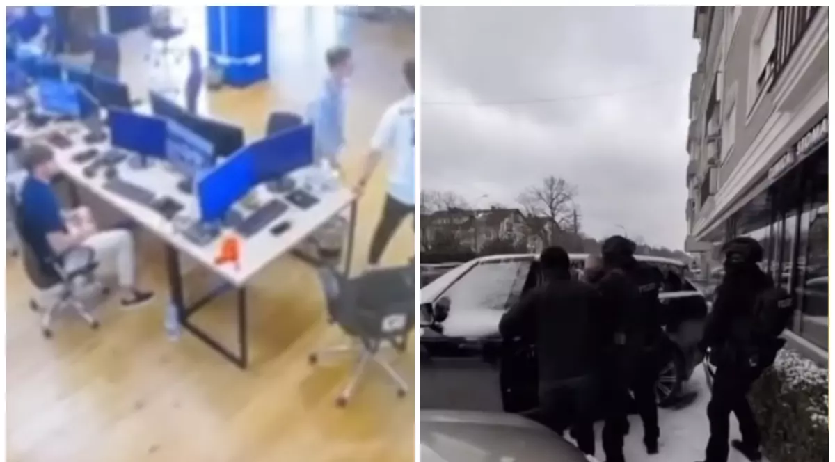 În stânga sunt mai mulți oameni așezați la o masă, iar în partea dreaptă mascații care țin o persoană lângă o mașină neagră.