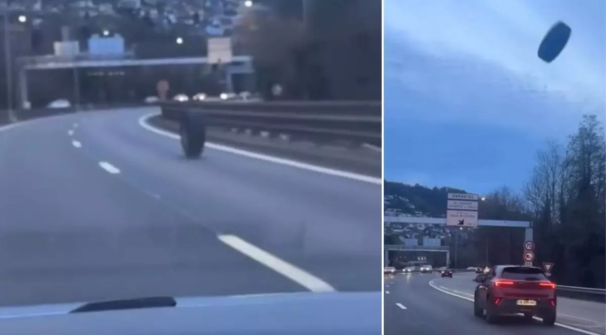colaj foto format din două imagini: imaginea din dreapta arată o avnelopa mare, de camion, rostogolindu-se pe mijlocul unei șosele iar imaginea din dreapta arată aceeași anvelopă. în aer, pe cale să lovească o mașină ce circulă regulamentar, Rouen, Franța, februarie 2026