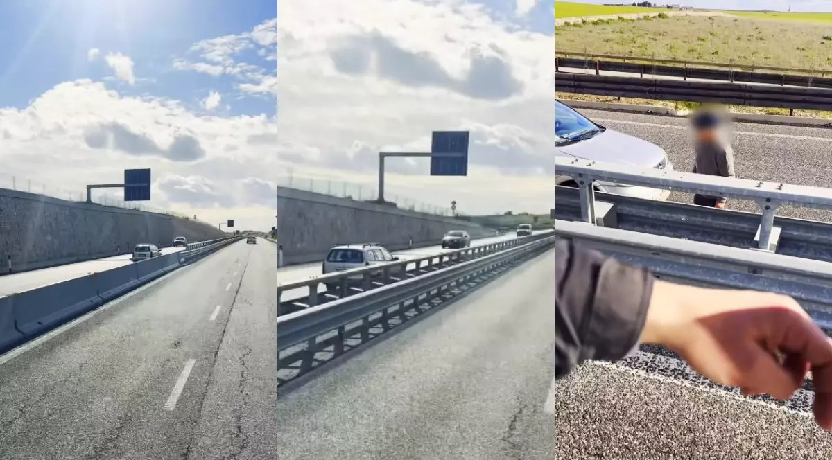 Colaj format din trei fotografii în care se vede cum o mașină circulă pe contrasens pe autostrada, iar în ultima fotografie se vede cum un șofer de TIR a oprit să îl atenționeze