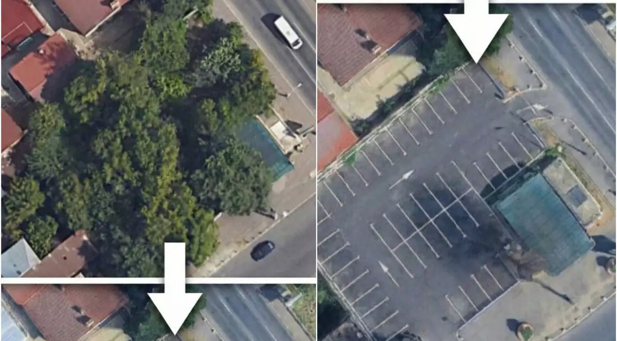 În stânga este un spațiu verde, iar în dreapta, spațiul respectiv a fost betonat și transformat în parcare, în sectorul 4 din București, zona Timpuri noi