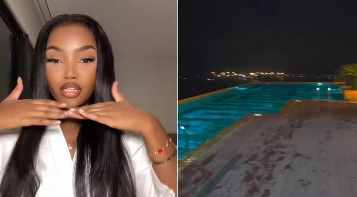 Colaj cu o britanica de culoare care stă într-un hotel de 5 stele din Asia și plătește cât o chirie în București, in stanga fotografie cu ea, cu parul negru, desfacut , si un halat alb, in dreapta piscina luminata a hotelului, apa turqois, imagine de noapte