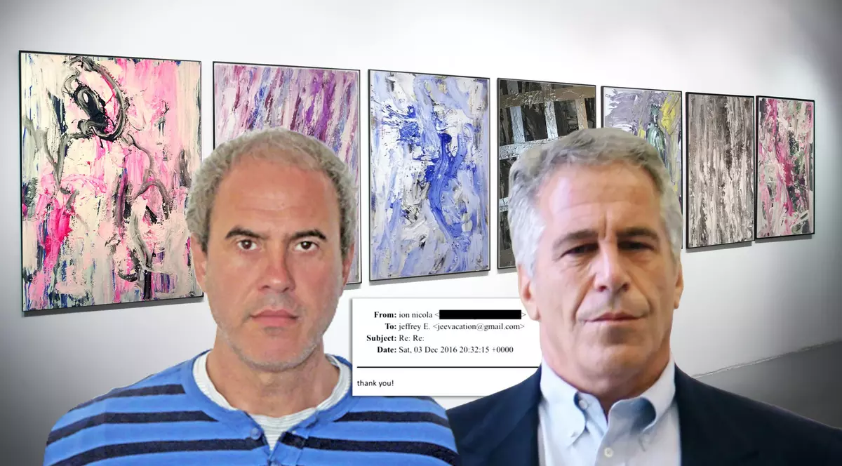 Un colaj cu doi pictorul Ion NIcola si Jeffrey Epstein avand in spate maimulte tablouri pictate de artist