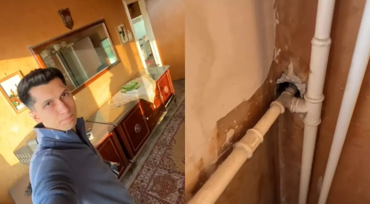 Un colaj cu două fotografii, în imaginea din stânga este un tânăr într-o sufragerie comunistă, iar în imaginea din dreapta sunt țevile de fontă ale unui calorifer care trec printr-o gaură neagră din perete