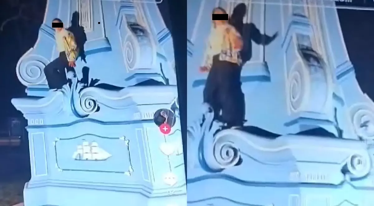 Un colaj din două fotografii în care apare o copilă urcată pe marginea unui ceas uriaș din beton, montat în centrul orașului Brăila