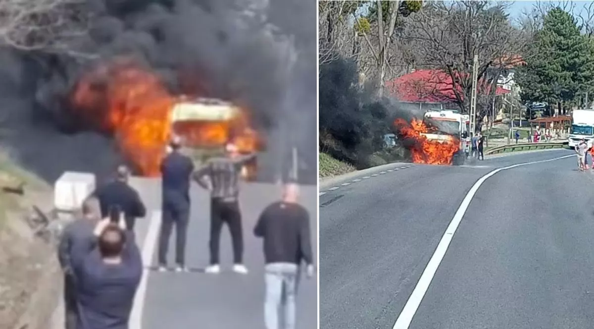 colaj foto format din două imagini: imaginea din stânga arată o stradă plină de oameni opriți în loc, care se uită la o ambulanță în flăcări din care iese un nor de fum negru, iar imaginea din dreapta arata ambulanta în flăcări mai pe aproape, dn28, struga, iasi 26 martie 2026
