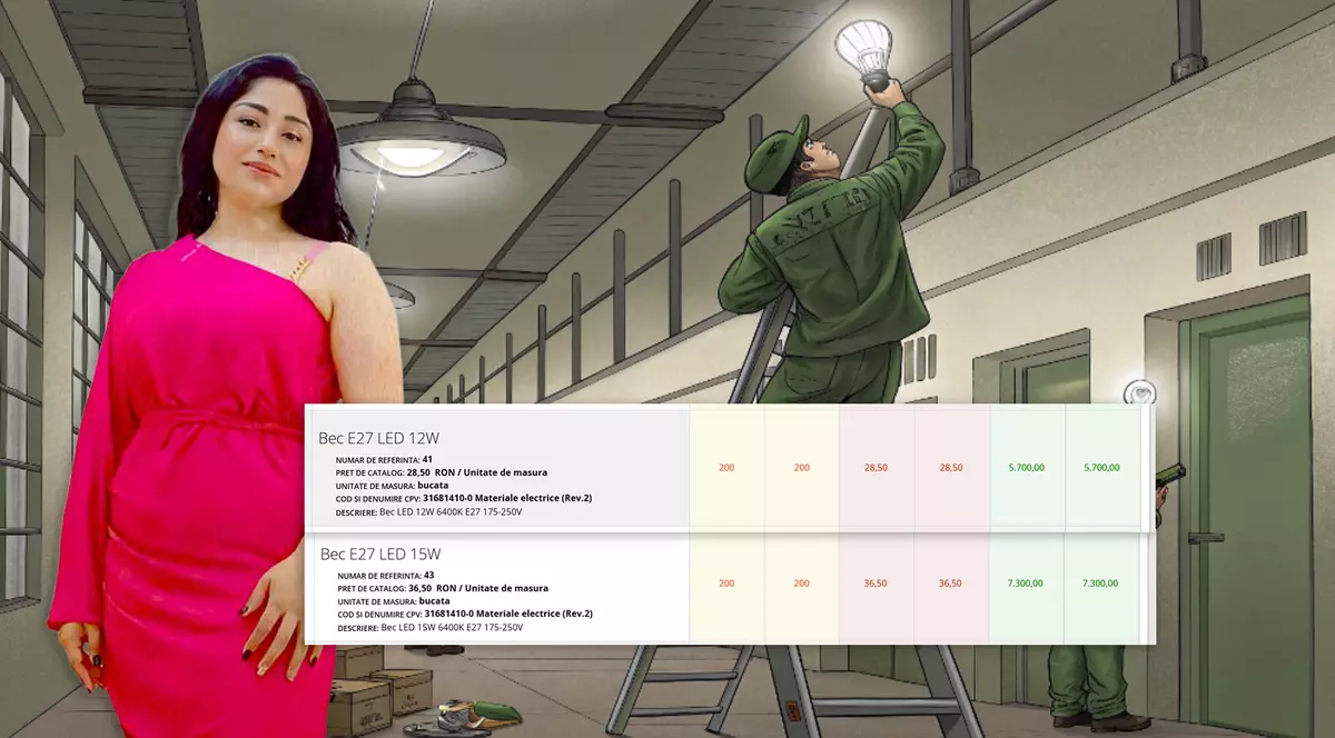 Un colaj cu o tanara in rochie rosie, un muncitor in salopetă verde care schimba un bec urcat pe o scară si doua facsimile