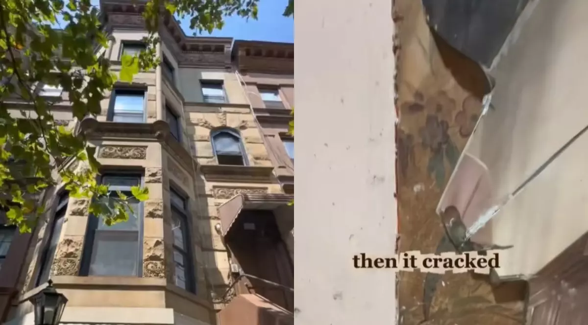 Un colaj cu două fotografii din casa abandonată din New York, ăn prima este exteriorul imobilului și a doua este oglinda spartă din casă