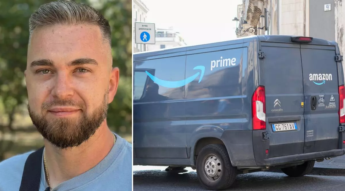 Imaginea este un colaj din două fotografii. În partea stângă: Un portret de aproape al unui bărbat tânăr, cu barbă și păr scurt, purtând un tricou albastru deschis. În partea dreaptă: O autoutilitară de culoare gri-albastru, parcată pe o stradă, care poartă însemnele Amazon Prime și are o plăcuță de înmatriculare italiană.